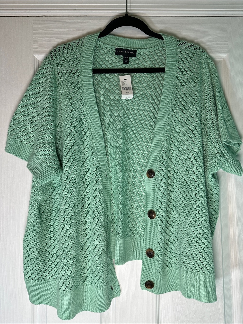 Lane Bryant Mint Green Open-Knit Short Sleeve Button Cardigan